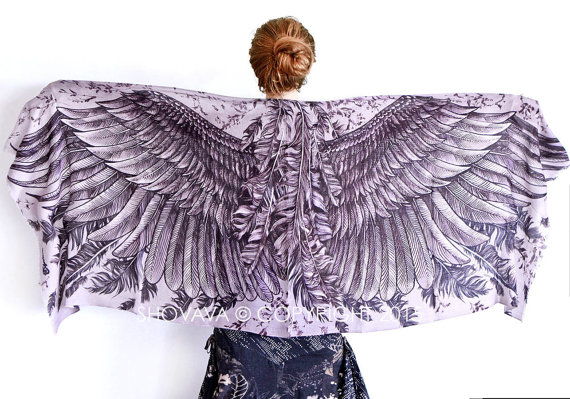 Bird Feathers Silk Scarf Shawl Black and White