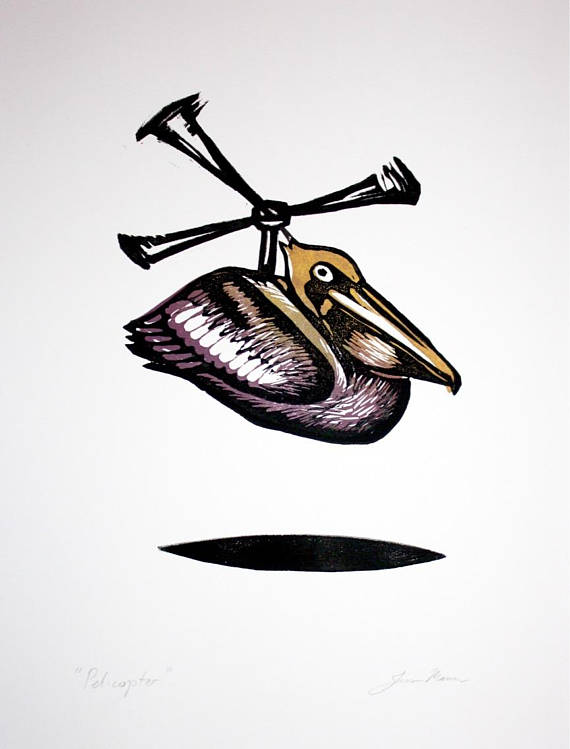Pelicopter, Handmade linocut print