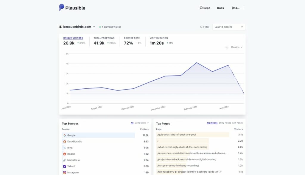 because birds website analytics dashboard